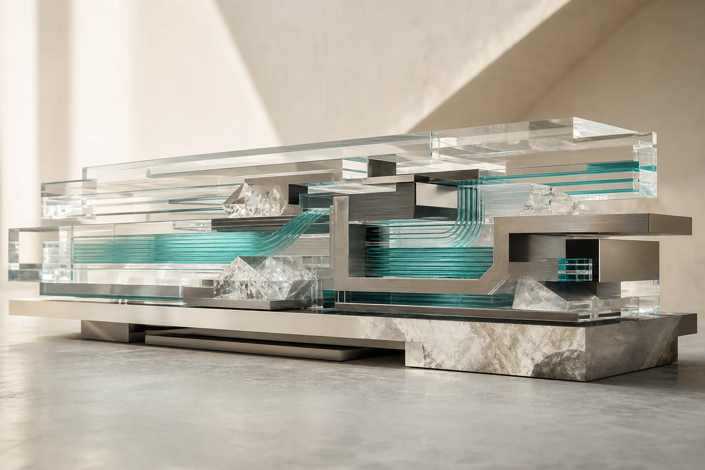 An engineered material study of crystal, metal, and connected teal pathways